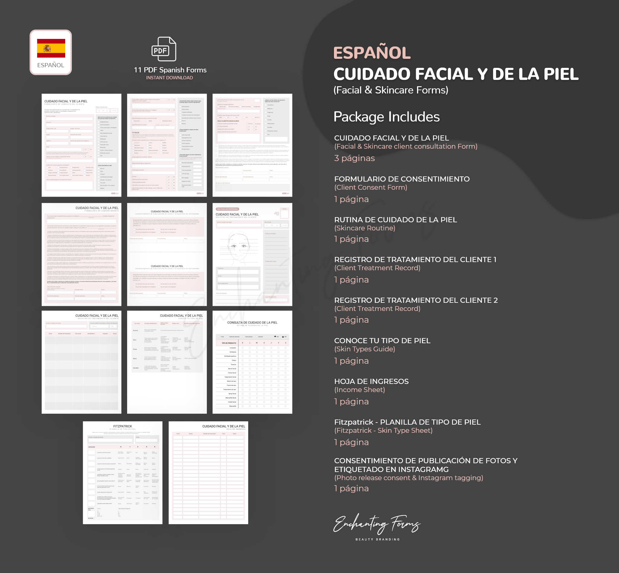 SPANISH (ESPAÑOL) - Facial Skincare Consultation & Consent Forms Bundle -  (Blush Pink)