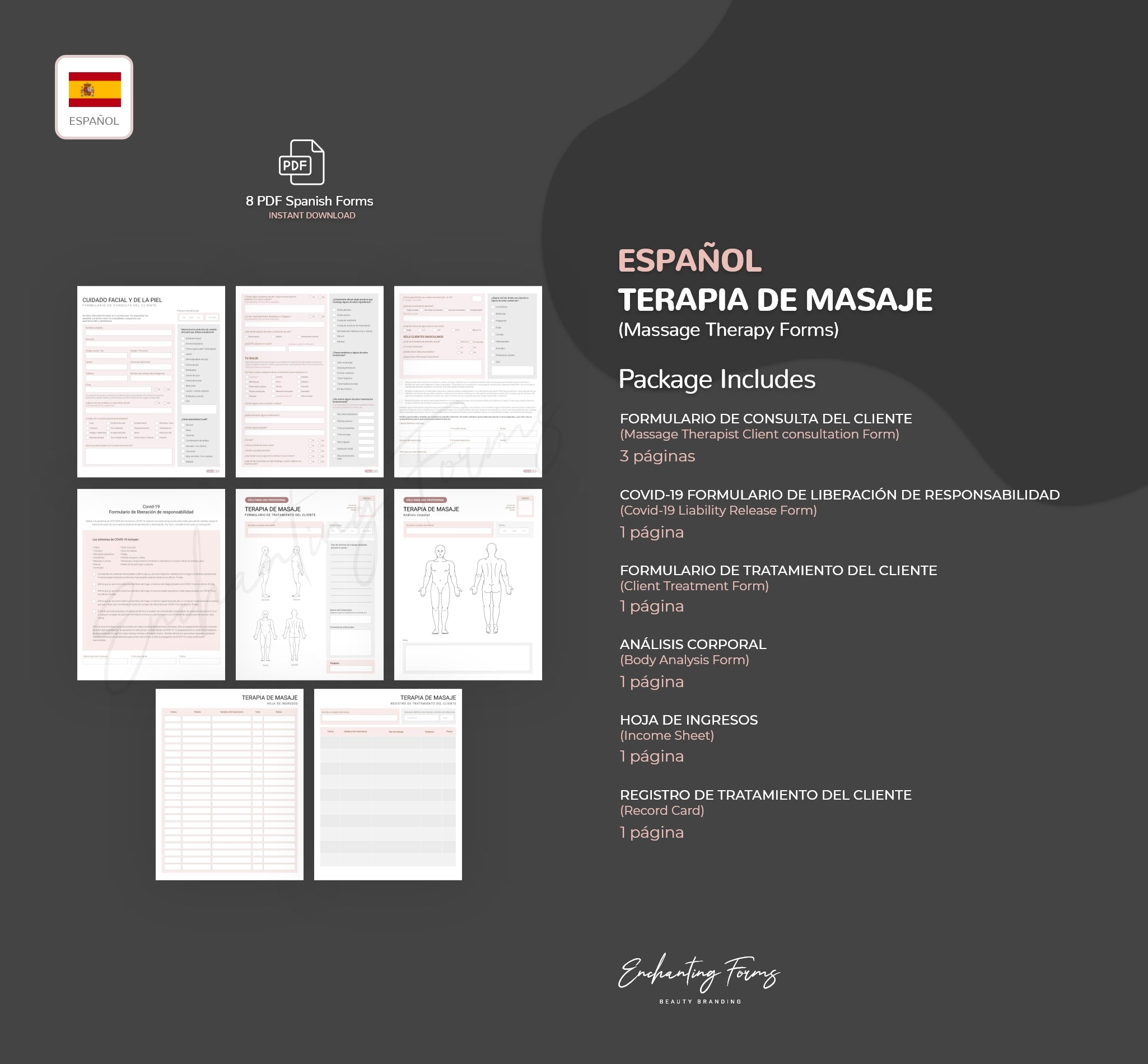 SPANISH (ESPAÑOL) - Massage Therapy Consultation & Consent Forms Bundle (Blush Pink)