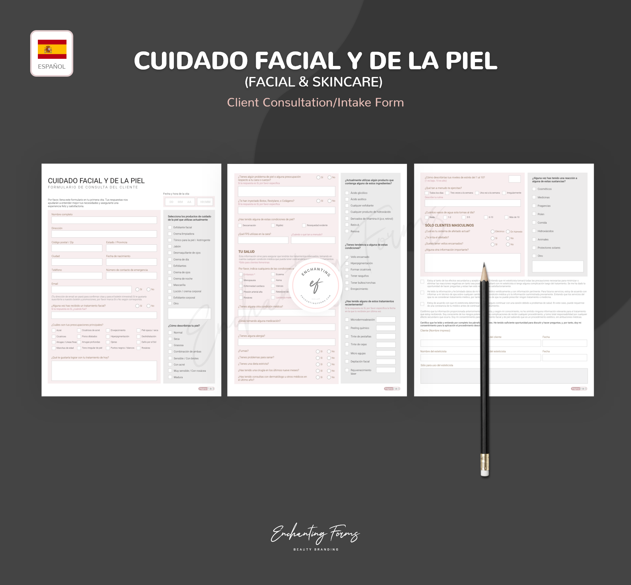 SPANISH (ESPAÑOL) - Facial Skincare Consultation & Consent Forms Bundle -  (Blush Pink)