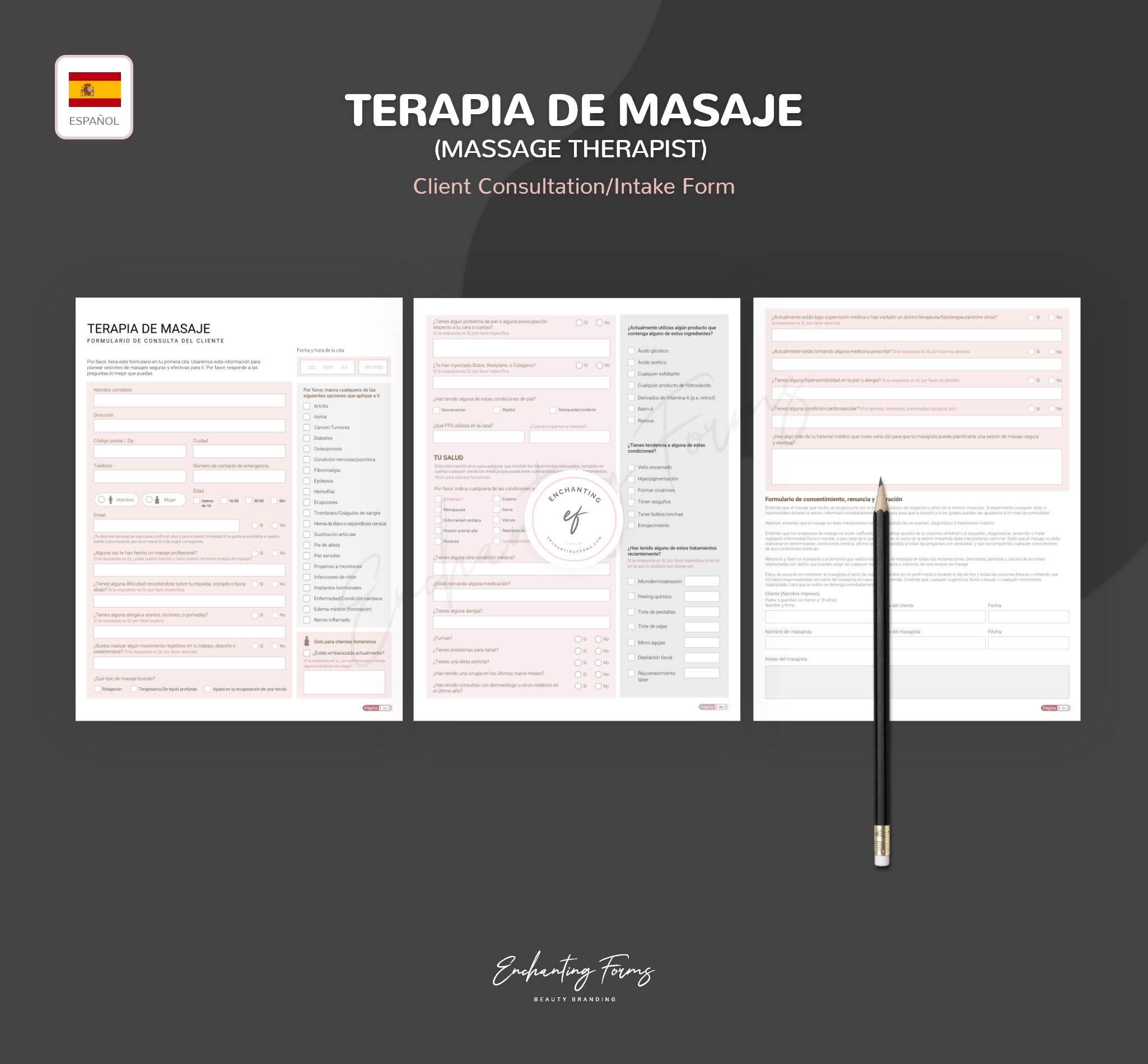 SPANISH (ESPAÑOL) - Massage Therapy Consultation & Consent Forms Bundle (Blush Pink)