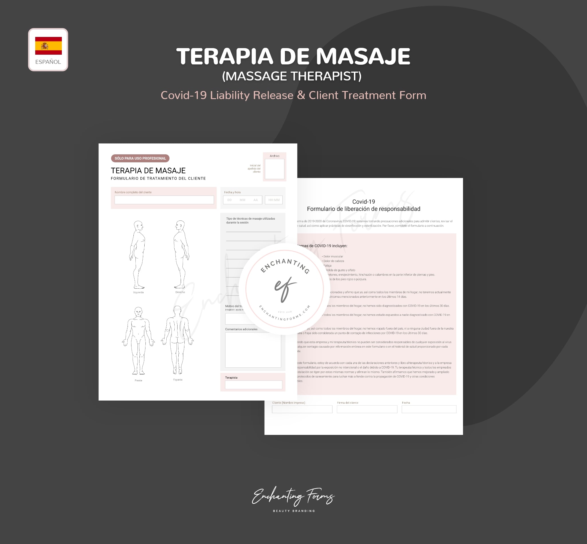 SPANISH (ESPAÑOL) - Massage Therapy Consultation & Consent Forms Bundle (Blush Pink)