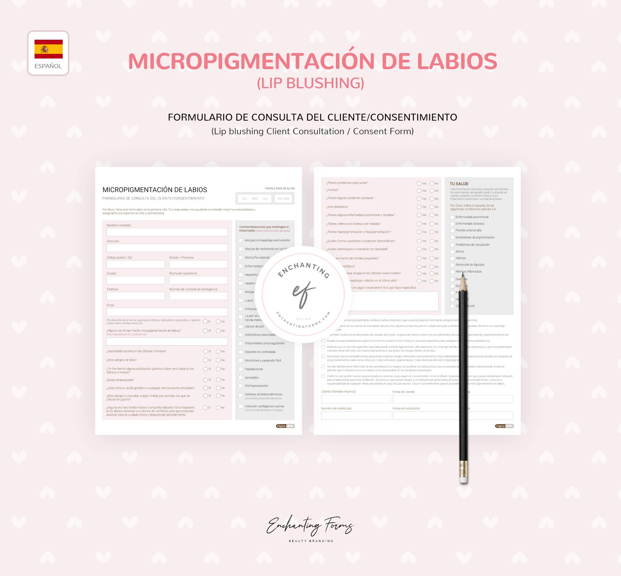 SPANISH (ESPAÑOL) - Lip Blushing Consultation & Consent Forms Bundle (Blush Pink)