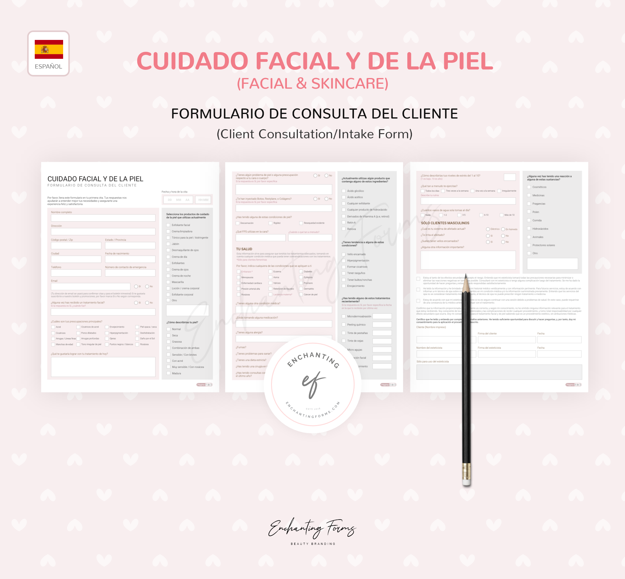 SPANISH (ESPAÑOL) - Facial Skincare Consultation & Consent Forms Bundle -  (Blush Pink)