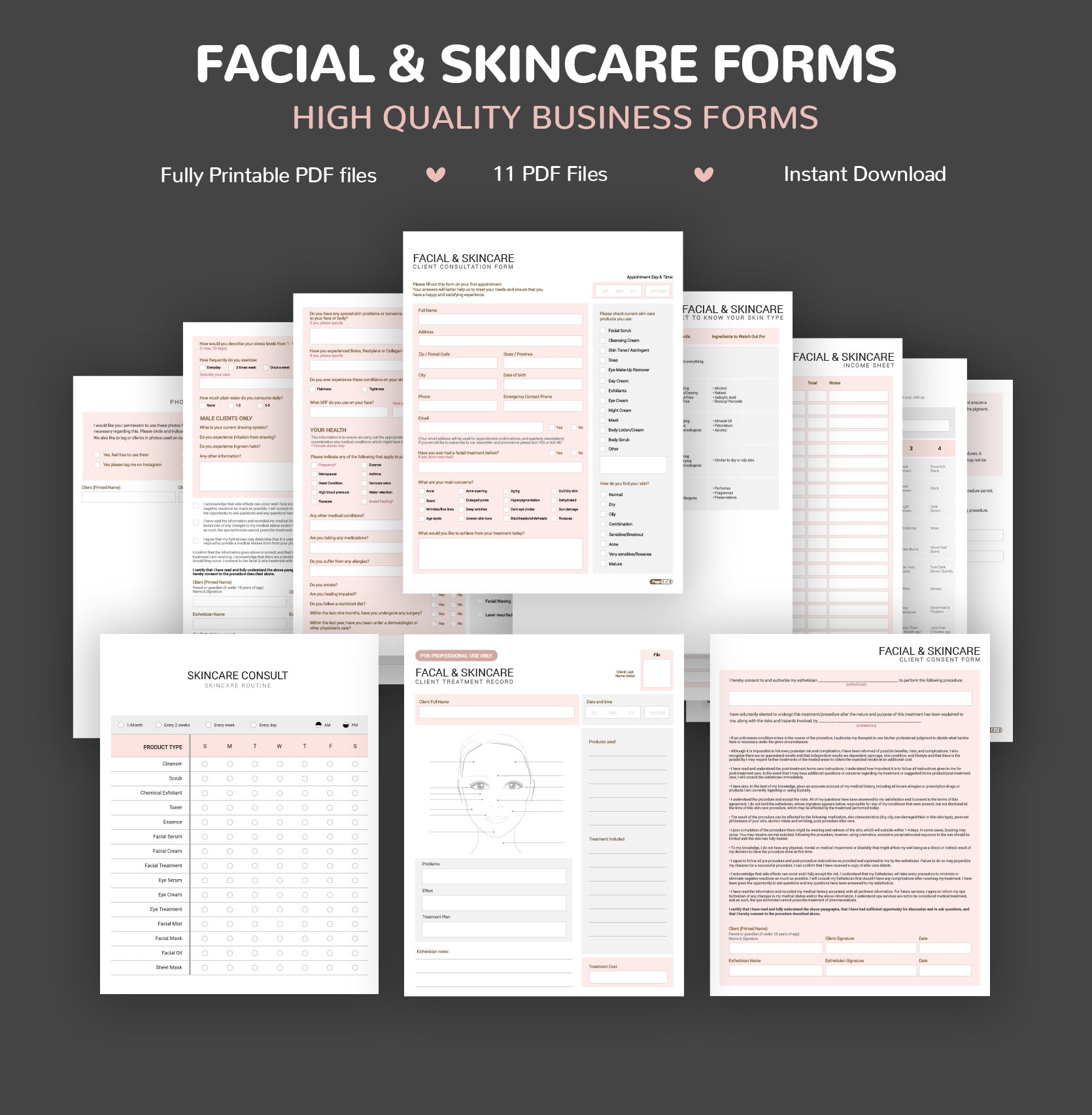 SPANISH (ESPAÑOL) - Facial Skincare Consultation & Consent Forms Bundle -  (Blush Pink)