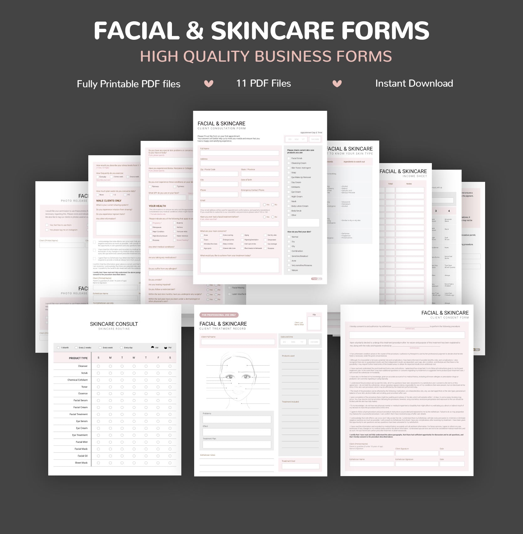 SPANISH (ESPAÑOL) - Facial Skincare Consultation & Consent Forms Bundle -  (Blush Pink)