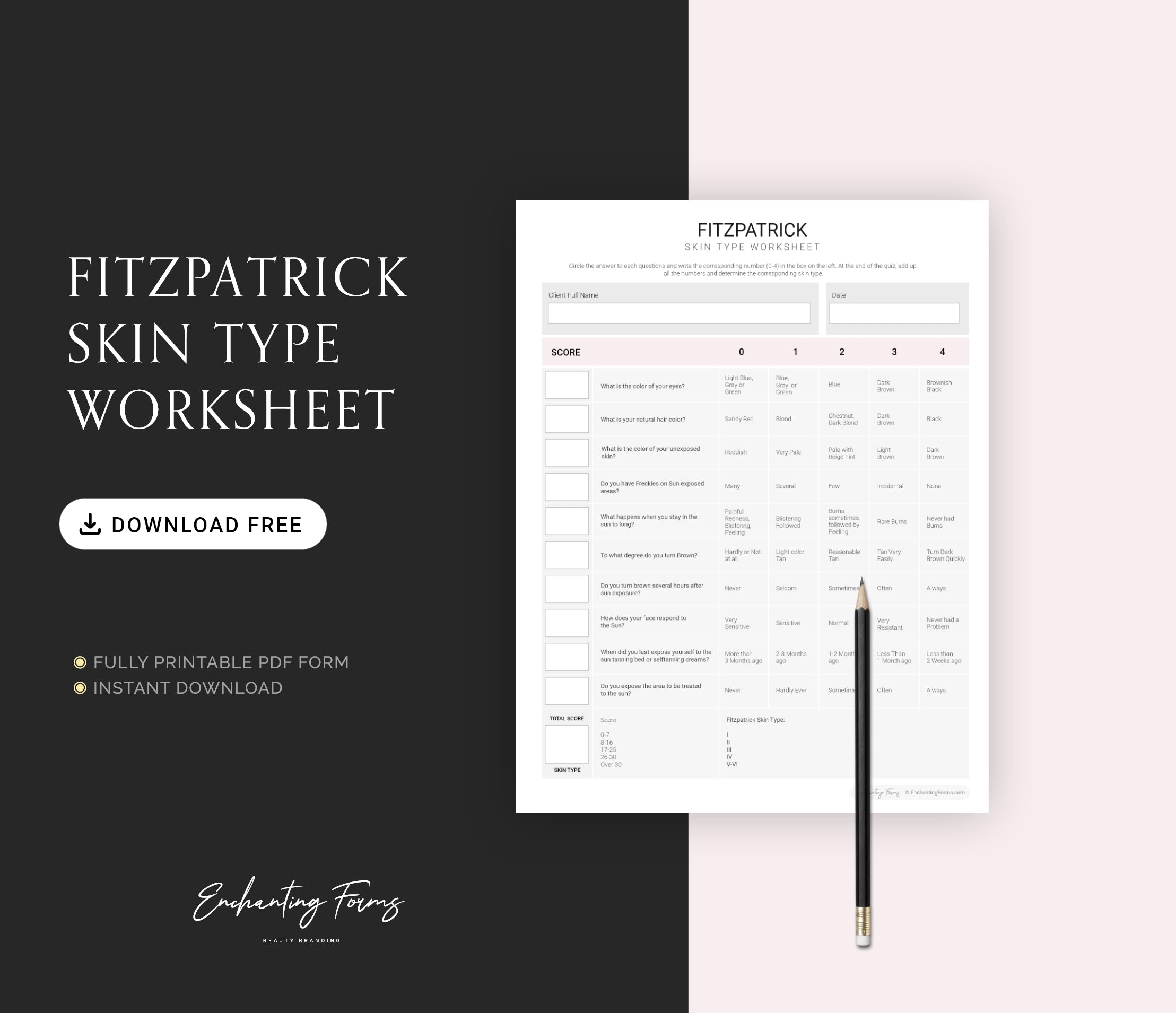 English - Fitzpatrick Skin Type Worksheet- Free Download (Blush Pink)