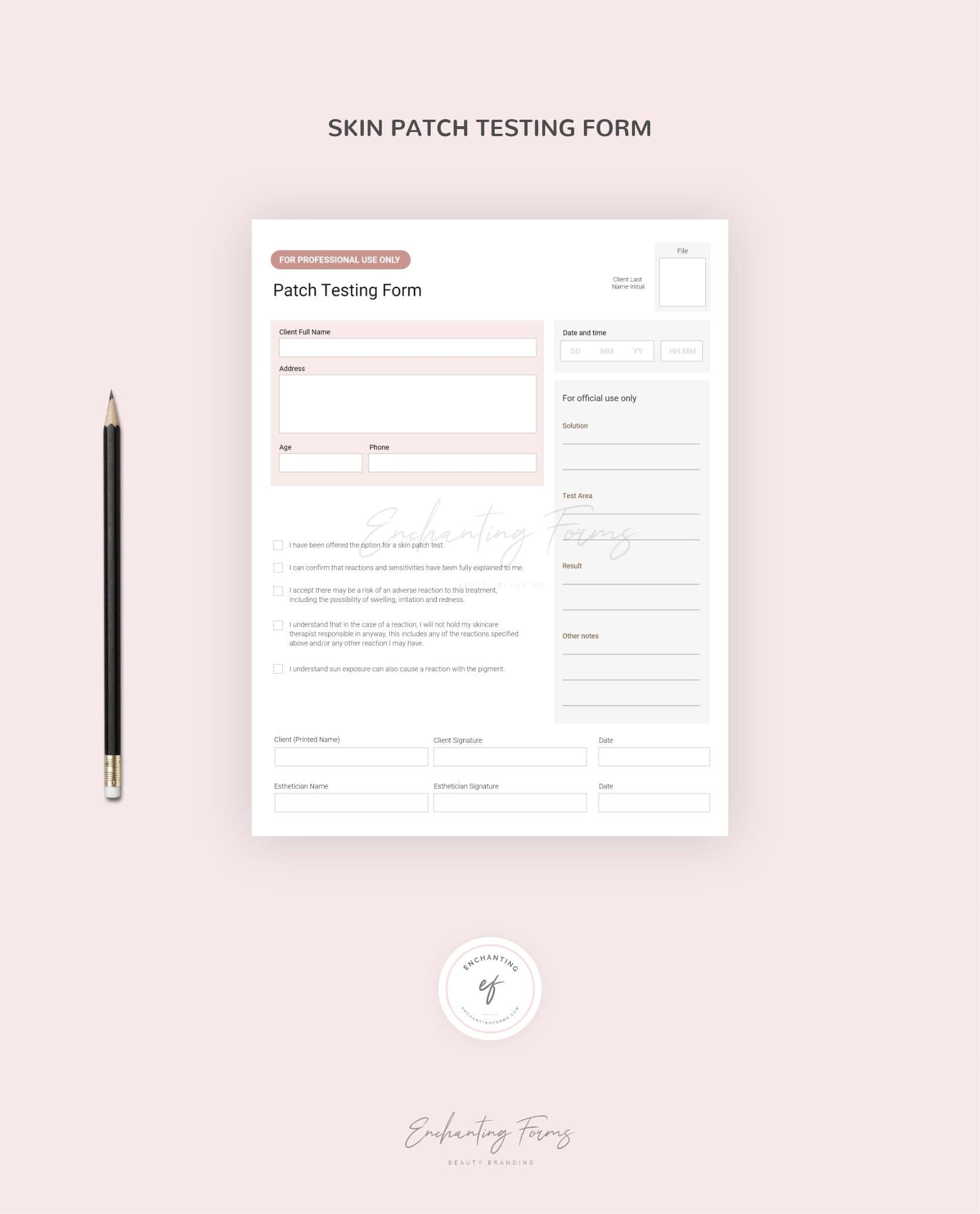 Patch Testing Form for Esthetician